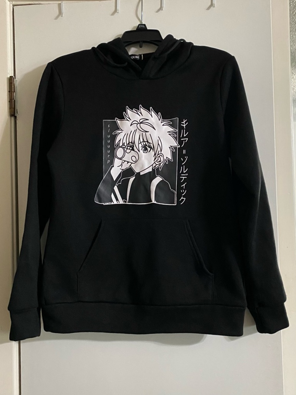 FANCYQUBE Black Anime Graphic Hoodie with White Print